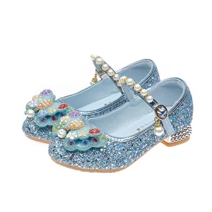 Blue sequined girls princess shoes with pearl straps and floral embellishments