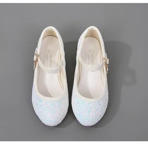 Detailed top view of sparkling sequin Mary Jane shoes for girls with adjustable buckle strap