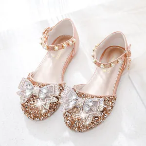 Chaussures Princesse à Paillettes pour Filles Avec Nœud en Strass Bride de Cheville en Perles Chaussures Plates Scintillantes pour Mariage Fête