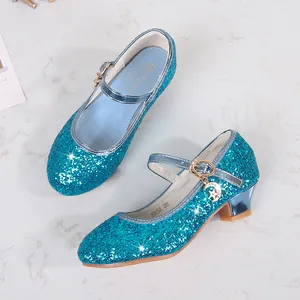 Sparkly light blue sequin Mary Jane princess shoes with star moon pendant for girls