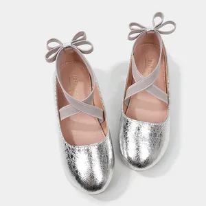Girls Princess Shoes Ballerina Flats Mary Jane Round Toe With Bow Cross Straps Metallic Crackle Synthetic Leather Kids Formal Party Shoes