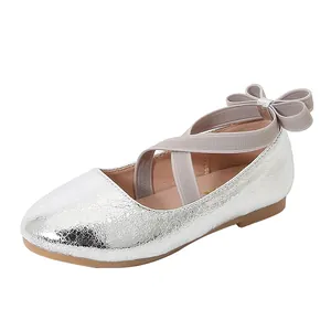 Sparkly silver cracked leather girls Mary Jane shoes with cross straps and back bow