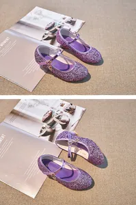 Detail shot of sparkling purple sequin Mary Jane shoes for girls with buckle ankle strap