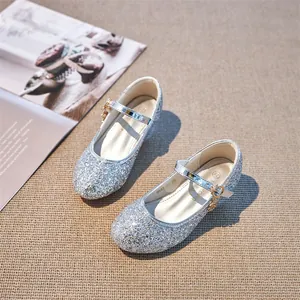Sparkling silver glitter girls princess Mary Jane shoes with golden crown pendant