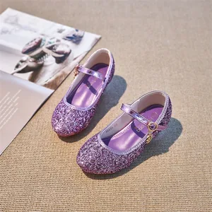 Sparkly purple sequin Mary Jane shoes for girls with rhinestone star pendant and low heel