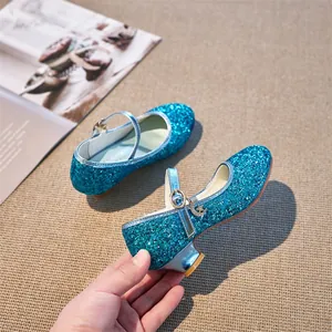 Sparkly blue glitter Mary Jane shoes for girls with crescent moon and star charms