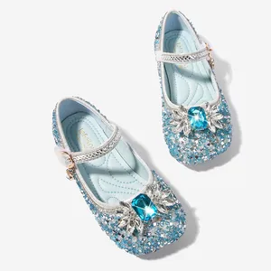 Sparkly light blue Mary Jane princess shoes with crystal floral gemstone and glitter finish