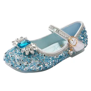 Sparkly blue girls princess shoes with silver sequins and large square rhinestone