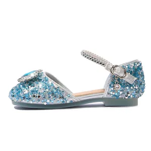 Sparkly blue girls princess sandals with large heart crystal and silver ankle straps