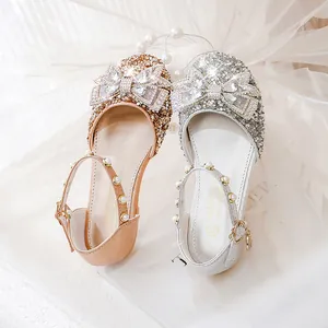 Chaussures de princesse à paillettes pour filles avec nœud en strass et brides perles