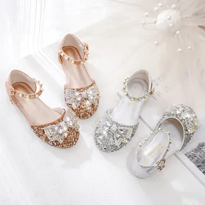Sandales princesse scintillantes pour filles avec grand nœud en cristal et perles