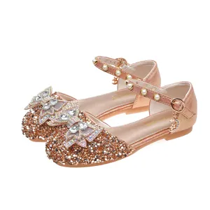 Chaussures princesse fille dorées à paillettes avec nœuds en cristal et perles