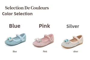 Trois paires de babies pour filles avec paillettes, strass et perles en bleu et rose