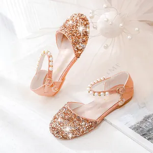 Glitzernde champagnergoldene Prinzessinnen-Sandalen für Mädchen mit Perlenverzierung
