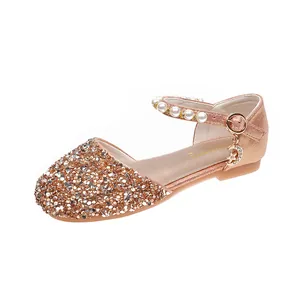 Roségoldene Mädchen Mary Jane Ballerinas mit Glitzersequetten, Perlen und Anhängern