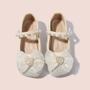 Girls Elsa princess flat shoes with soft sole, mesh bow, and pearl heart embellishments