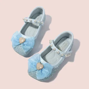 Girl's blue sequin Elsa princess Mary Jane shoes with large tulle bow and pearl strap