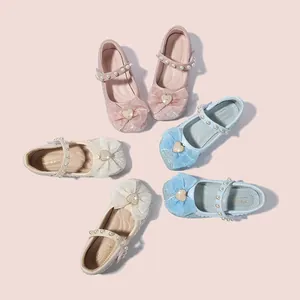 Girls glitter Mary Jane princess shoes with mesh bow and pearls in pink blue silver