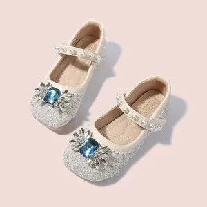 Chaussures Mary Jane argentées scintillantes pour filles avec strass bleus et perles