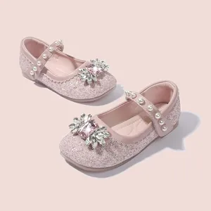 Chaussures princesse Mary Jane roses à paillettes avec strass et bride en perles pour fille