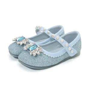 Chaussures de princesse bleu clair pour filles avec paillettes, cristaux et perles