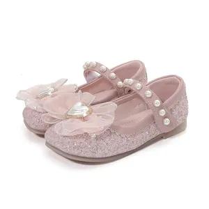 Scarpe Elsa rosa con paillettes per bambina con fiocco in rete e perla a cuore