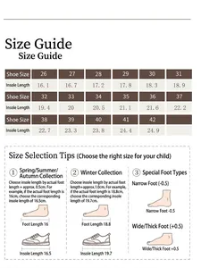 Guía de tallas con medidas interiores de 16,1 cm a 24,4 cm para mocasines de niñas