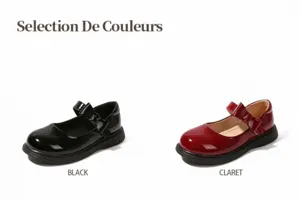 Details von Mädchen Lackleder Mary Janes in Schwarz und Weinrot mit Schleife und Klett