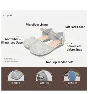 Macro details of girls silver rhinestone dress shoes with non-slip rubber soles