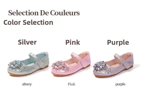 Detailansicht der Glitzer-Mary-Jane-Schuhe in Silber, Rosa und Lila mit Schmuckstein-Blumen