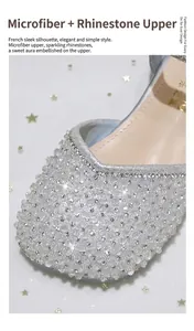 Close-up of sparkling rhinestones on girl's microfiber flat sandal with dreamy star background