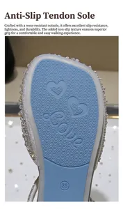 Macro view of blue anti-slip rubber sole with heart patterns and rhinestones