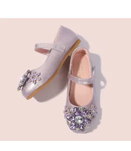 Lilafarbene Glitzer-Mary-Janes mit Kristallblume und Klettverschluss für Mädchen