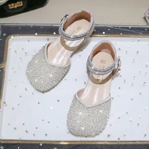 Sparkly silver sequin princess shoes for girls with round toe and buckle strap design