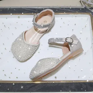 Girl's silver crystal princess shoes with sparkling sequins and pearl buckle detail