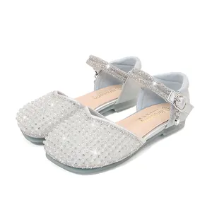 Sparkling silver rhinestone Mary Jane shoes for girls with glittery strap and soft sole