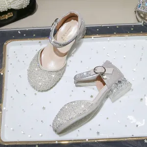 Chaussures de princesse argentées à paillettes pour filles avec strass et talons transparents