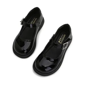 Zapatos Mary Jane clásicos de charol negro para niñas con hebilla y suela gruesa