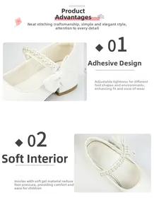 Detail of white girls Mary Jane shoes with pearl strap, bow accent and velcro closure