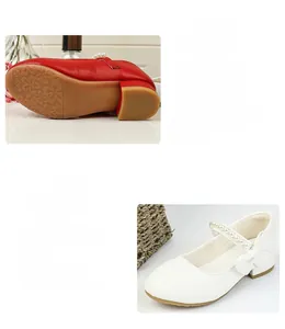 Detail view of anti-slip rubber soles with floral patterns on white and red girls' shoes