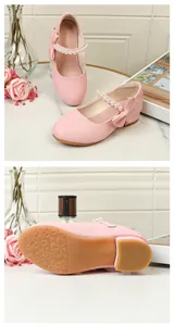 Detail of pink Mary Jane shoes with pearl strap and floral non-slip rubber sole