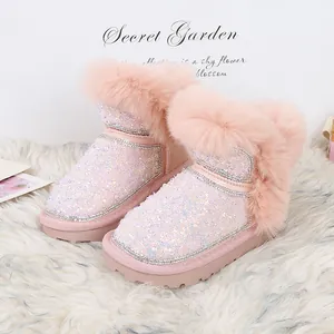 Stivali da neve rosa per bambine con paillettes luccicanti, bordo in pelliccia e strass