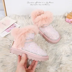 Stivali da neve rosa con paillettes per bambine con bordo in pelliccia e suola antiscivolo
