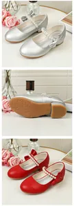 Detail of girls princess shoes showing pearl straps and anti-slip floral textured soles