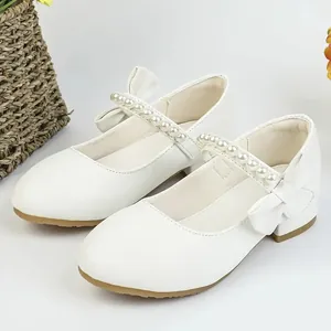 Girls Princess Mary Jane Shoes Artificial Pearl Bowknot Elegant Party Dress Shoes Artificial Leather Flat Non-Slip Performance Shoes