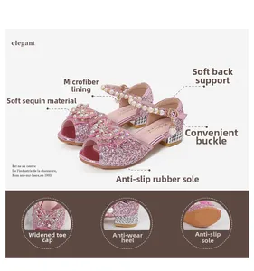 Detail of pink sequin girls sandals with crystal bow and pearl strap accents