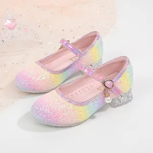 Girls Princess Rainbow Sequin Mary Jane Shoes Crystal Low Heel Pearl Charm Performance Party Wedding Dress Shoes