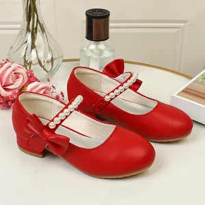 Elegant red Mary Jane princess shoes for girls with bow and pearl strap details