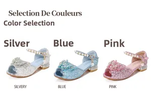 Detailed view of sparkly glitter princess sandals in silver, blue, and pink with sequin bows