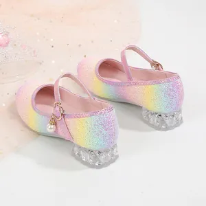 Rainbow sequin girls princess shoes with pearl charm and transparent crystal chunky heels